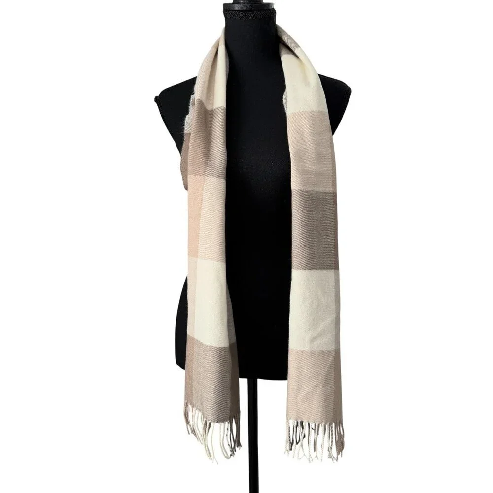 100% Cashmere Wool Tan Brown Plaid Fringe Scarf Muffler